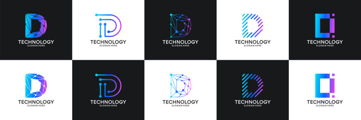 Set of initial letter D technology circuit connection digital data network logo design inspiration.