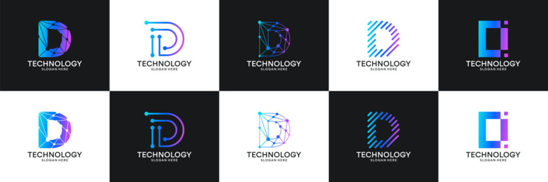 Set of initial letter D technology circuit connection digital data network logo design inspiration.