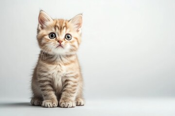 A small, fluffy kitten with light brown fur and white paws sits on a white surface, looking up at the camera with wide, curious eyes.