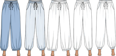 Women’s jogger pants technical flat sketch, elastic cuff drawstring trousers, front and back views, comfortable loungewear fashion design, vector apparel illustration, white background © MstBeauti
