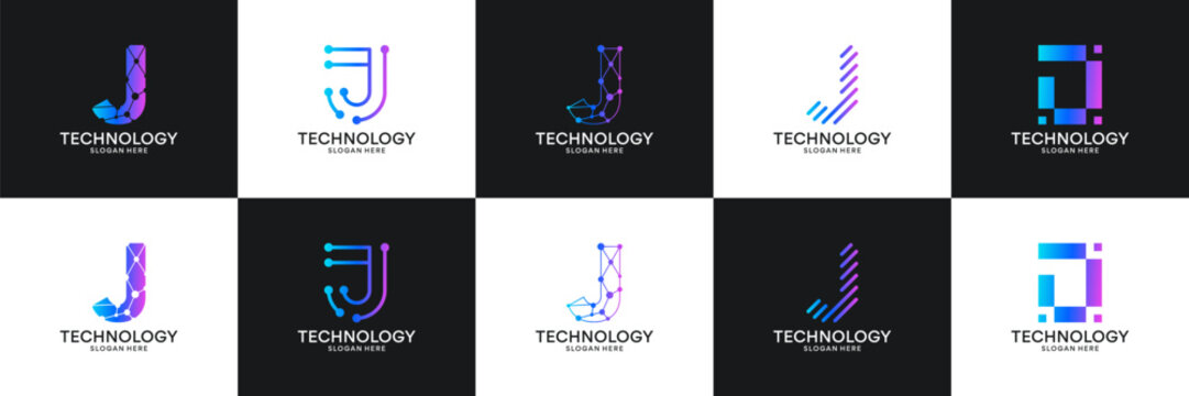 Set of initial letter J technology circuit connection digital data network logo design inspiration.