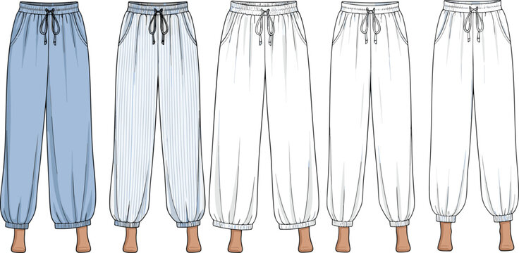 Women&rsquo;s jogger pants technical flat sketch, elastic cuff drawstring trousers, front and back views, comfortable loungewear fashion design, vector apparel illustration, white background
