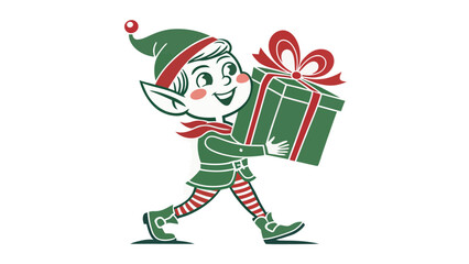 Cheerful Christmas Elf Delivers Holiday Gift Box with Striped Stockings and Pointed Hat, Perfect for Holiday Greetings and Festive Cheer originally from Vector