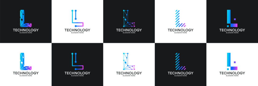 Set of initial letter L technology circuit connection digital data network logo design inspiration.