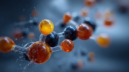 Molecular Structure of Organic Compounds with Droplets and Abstract Background in Scientific Research and Development