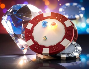 A gleaming diamond next to poker chips with embedded gemstones. Colorful bokeh background and a reflective surface add depth