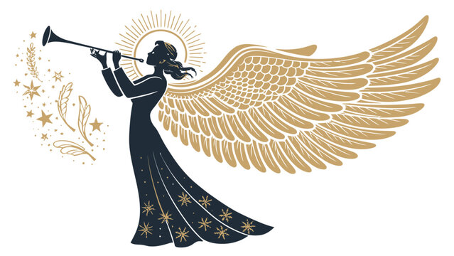 Elegant angel with trumpet blowing festive blessings, herald of good tidings, spreading joy and magic with celestial wings, a symbol of hope and peace