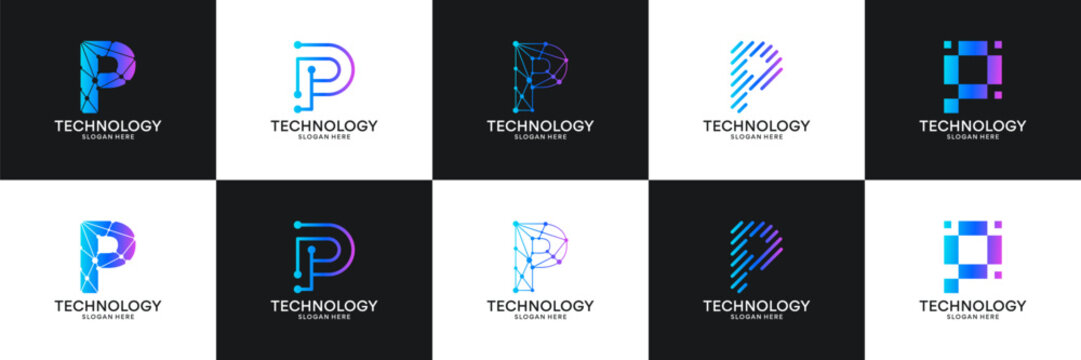 Set of initial letter P technology circuit connection digital data network logo design inspiration.