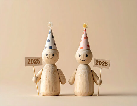 Happy New Year 2025 Two Wooden Figures Celebrating the Upcoming Year with Party Hats and Signs
