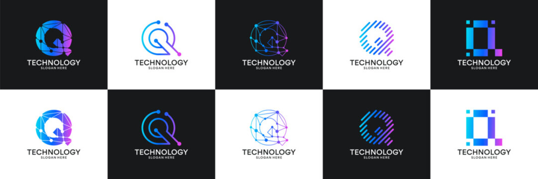 Set of initial letter Q technology circuit connection digital data network logo design inspiration.