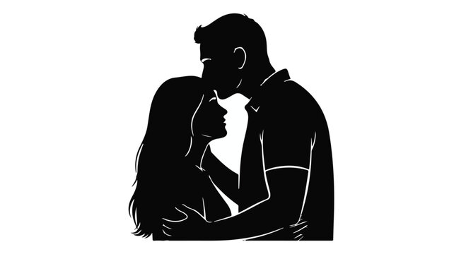 Tender silhouette of a couple embracing with a gentle forehead kiss, symbolizing love and connection.
