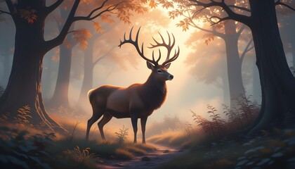 Majestic stag with large antlers standing in sunlit autumn forest with orange and yellow leaves