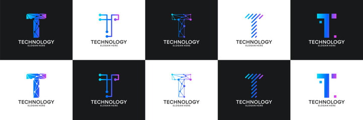 Set of initial letter T technology circuit connection digital data network logo design inspiration.