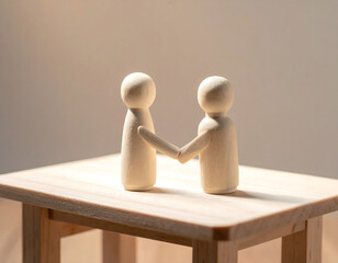 Symbolic representation of agreement and cooperation with two wooden figures shaking hands, illustrating successful business partnerships and deal finalization