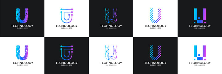 Set of initial letter U technology circuit connection digital data network logo design inspiration.