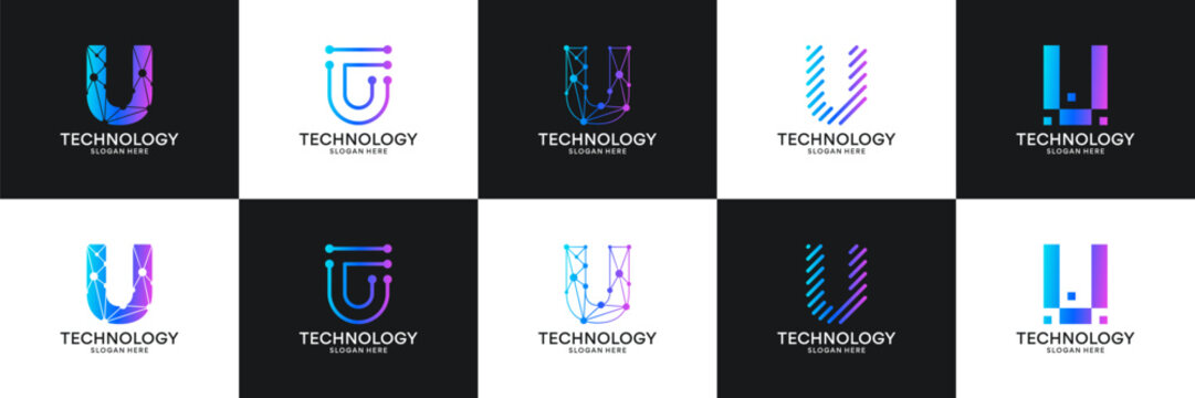 Set of initial letter U technology circuit connection digital data network logo design inspiration.