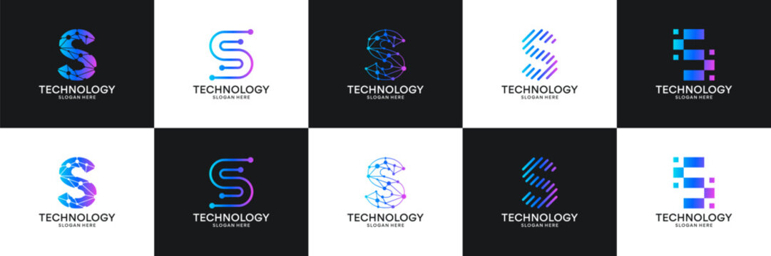 Set of initial letter S technology circuit connection digital data network logo design inspiration.