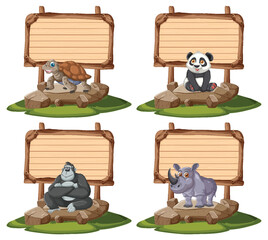 Zoo Animals Sitting by Wooden Signboards on Grass
