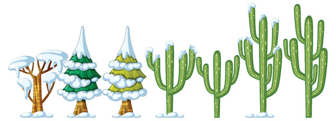 Snow Covered Pine Trees and Cacti Vector Illustration