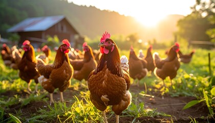A group of chickens gather on a grassy field, bathed in the warm light of a sunrise with a wooden barn in the background