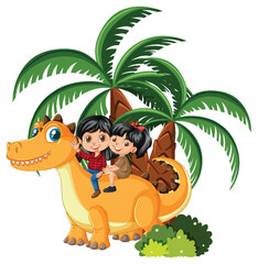 Children Riding Cartoon Dinosaur in Tropical Jungle