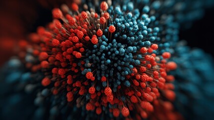 Abstract representation of colorful particles in red and blue colors showcasing intricate textures and forms in a blurred background