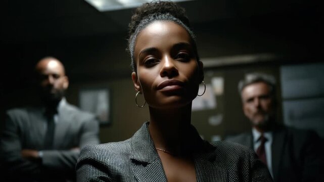 A woman in focus with two blurred figures behind, dramatic lighting, business attire