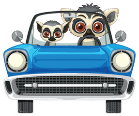 Two Lemurs Driving Blue Convertible Car Front View
