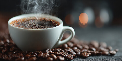 Closeup of a cup of coffee with coffee beans around in a blurry colorful background.