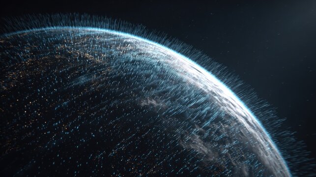 Abstract view of Earth showcasing digital data streams and shimmering lights representing connectivity and technology advancement