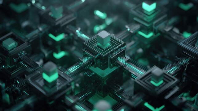 Futuristic Abstract Digital Grid with Neon Green Highlights and Geometric Pattern Design in Dark Background