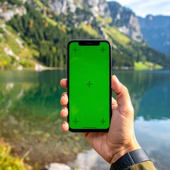 A hand holds a smartphone with a blank green screen against a scenic backdrop of a lake and mountains. It's a sunny day
