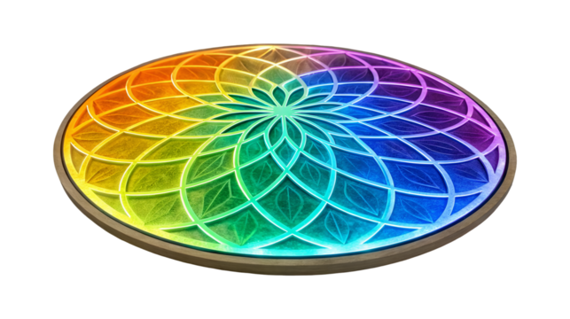 A circular art piece features an intricate geometric flower pattern glowing with a vibrant rainbow gradient of light within a simple round frame