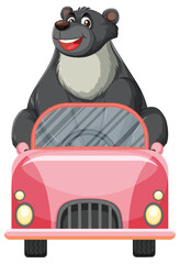 Smiling Cartoon Bear Driving a Red Convertible Car