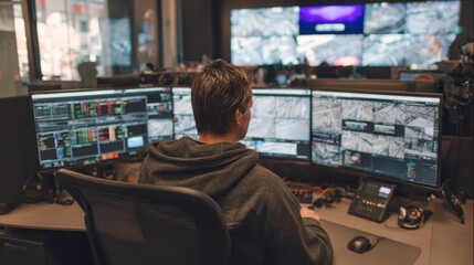 Professional analysis in a modern control room with multiple monitors displaying data and surveillance footage