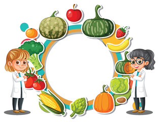 Scientists with Fruits and Vegetables Circular Frame Illustration