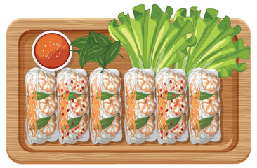 Fresh Shrimp Spring Rolls on Wooden Serving Tray