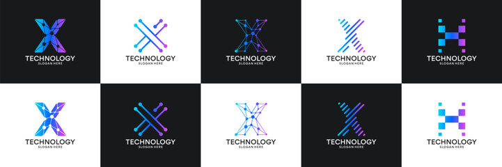 Set of initial letter X technology circuit connection digital data network logo design inspiration.