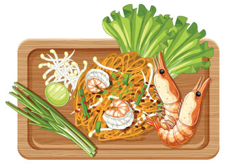Shrimp Pad Thai Noodles on Wooden Serving Tray Illustration