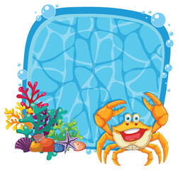 Smiling Cartoon Crab With Coral Reef and Seashells Frame