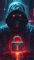 A hooded figure with a skeletal face and glowing red eyes sits before a glowing padlock in a futuristic setting. The background is a tech city