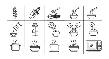 Set of cooking instruction icons simple line vector illustration for food preparation isolated on wh
