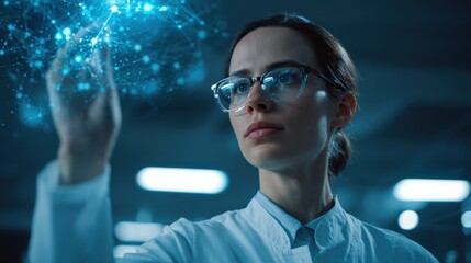 Woman Scientist in Lab Reaching Out Towards Holographic Network of Data and Technology in Modern Laboratory Environment