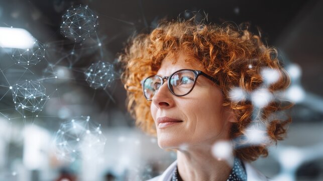 Thoughtful scientist exploring data analysis in a laboratory with innovative ideas and technology on display around her