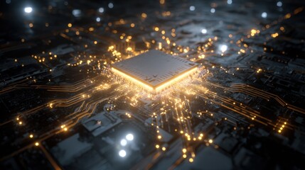 Futuristic Microchip Concept with Golden Lights and Circuit Patterns on Dark Background
