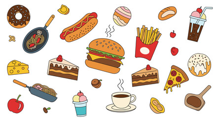 A vibrant collection of doodle-style fast food, desserts, and beverages, including burgers, fries, cakes, and coffee, scattered over a clean white background.