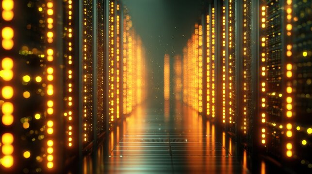 Futuristic Data Center Corridor with Illuminated Racks and Reflective Floor Creating a Tech Savvy Environment