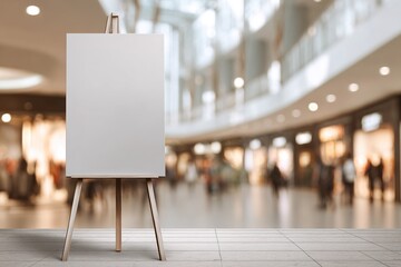 Blank vertical easel poster in modern indoor event space with blurred exhibition backdrop, ideal for conference signage, business presentation, or commercial promotional mockup. High quality