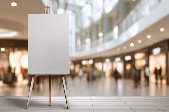 Blank vertical easel poster in modern indoor event space with blurred exhibition backdrop, ideal for conference signage, business presentation, or commercial promotional mockup. High quality