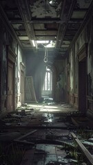A long, decaying hallway illuminated by daylight streaming through a window at the end, showing ruin